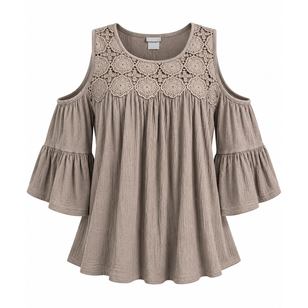 Time and Tru Grey Mauve Crochet Lace Cold Shoulder Bell Sleeve Top XL 16-18